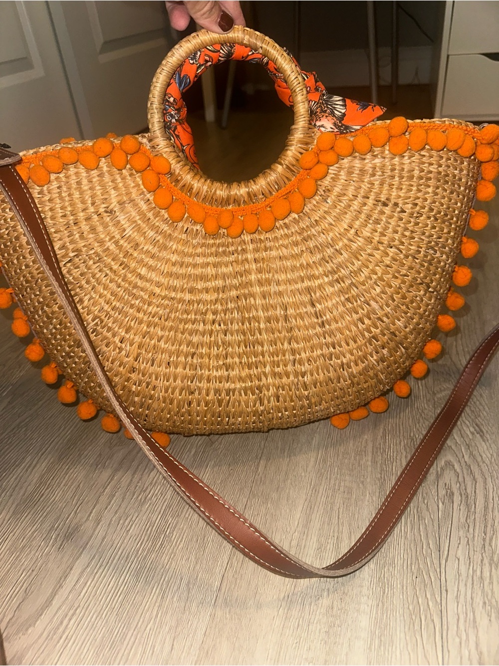 Sam Edelman Inessa Straw Woven Tote Bag with Orange Pom Poms Trim Purse